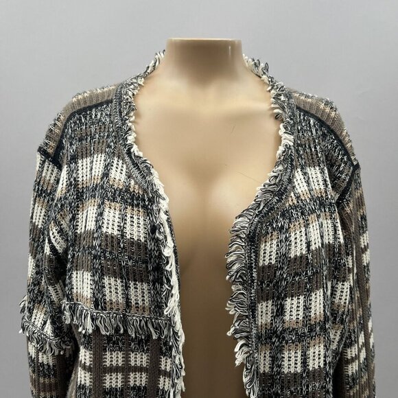 Cabi Plaid Fringe Open Classic Cardigan‎ Sweater #4097 Brown Gray Womens M - Picture 3 of 12